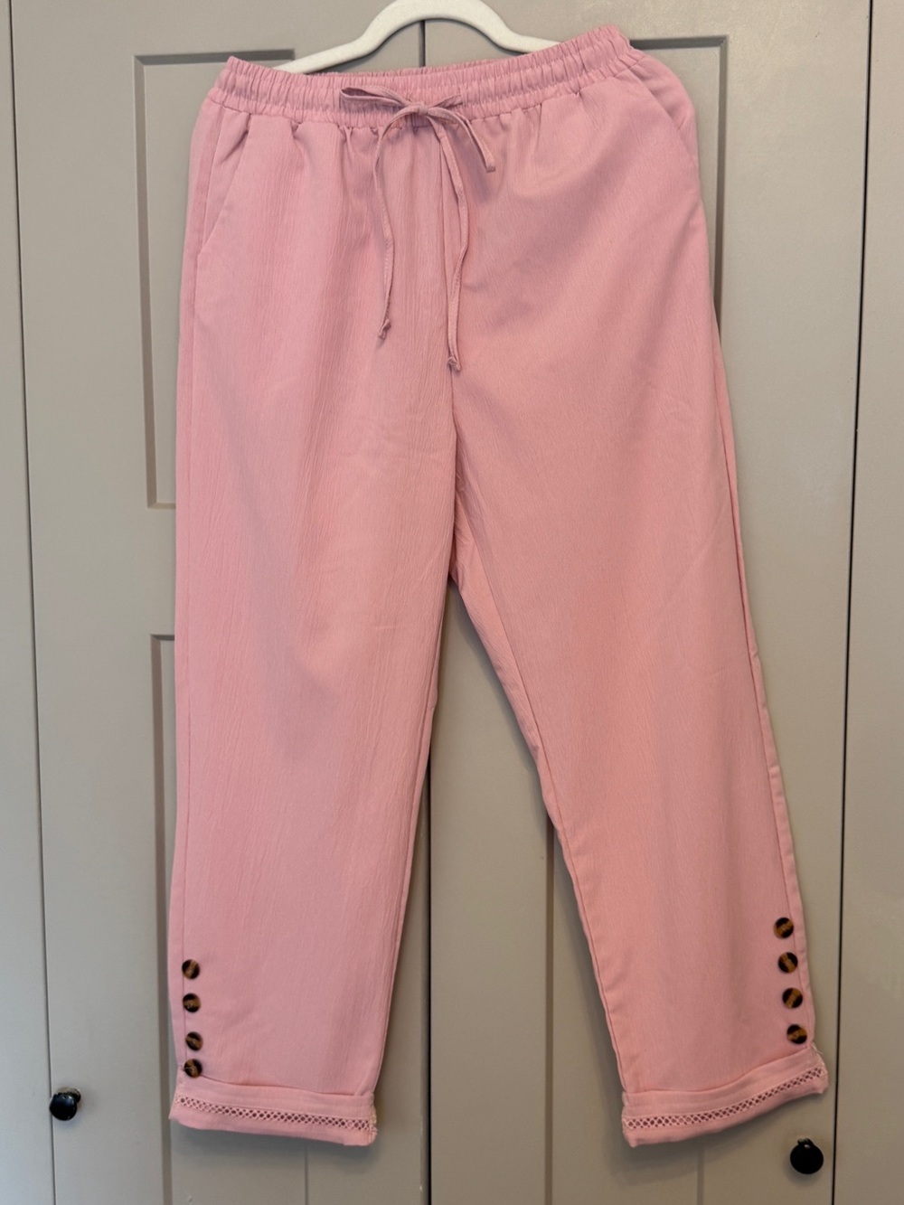 Boutique Pink Linen Blend Pants | Drawstring | Button Detail | Ankle